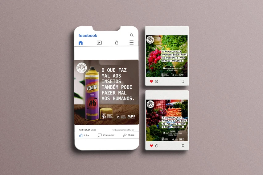 Peças da campanha em redes sociais: “O que faz mal aos insetos também pode fazer mal aos humanos” e “A agroecologia promove saúde para as pessoas e para o meio ambiente”.