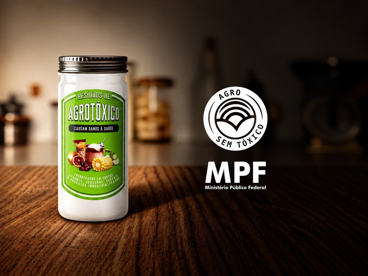 Peça da campanha: pote com o rótulo “Resíduos de agrotóxico causam danos à saúde” sobre a mesa, ao lado do selo Agro sem Tóxico e da marca do MPF.