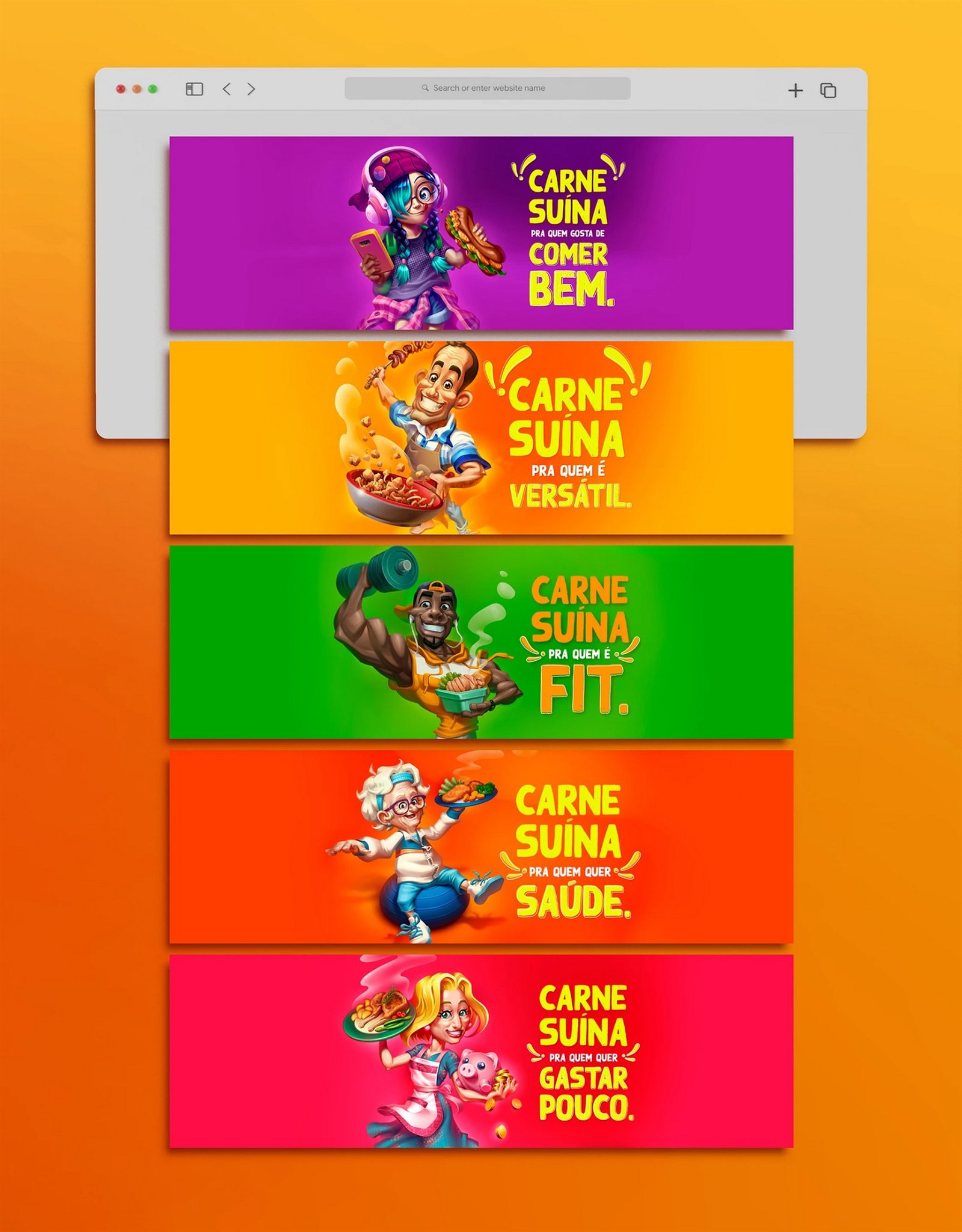 Banners digitais da campanha com os diferentes personagens e recortes de público: comer bem, versátil, fit, saúde e gastar pouco.