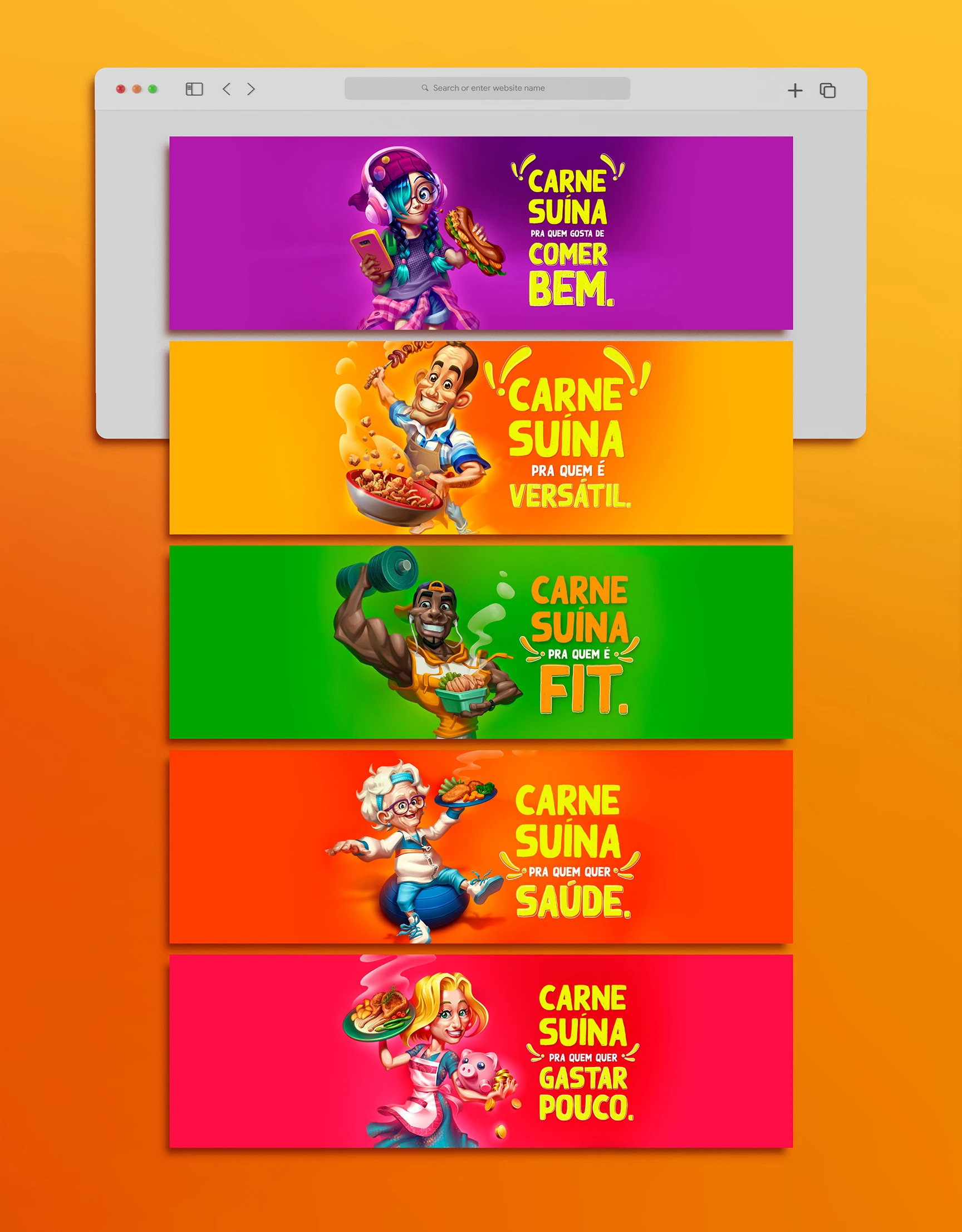 Banners digitais da campanha com os diferentes personagens e recortes de público: comer bem, versátil, fit, saúde e gastar pouco.
