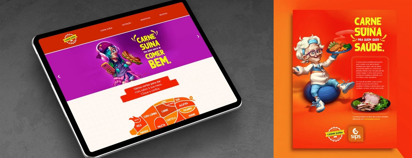 Hotsite da campanha exibido em tablet, com o mapa dos cortes de carne suína, ao lado do anúncio “Carne suína pra quem quer saúde”.