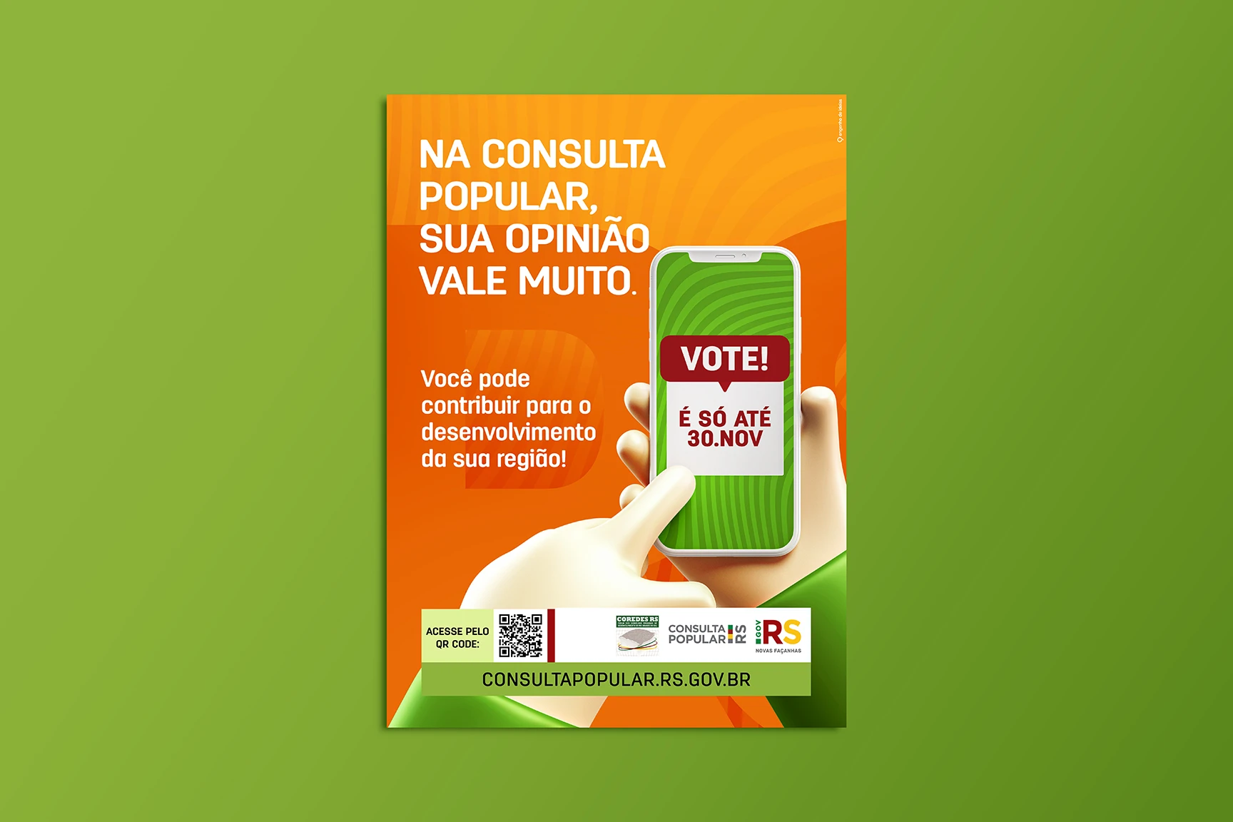 Cartaz da campanha: “Na Consulta Popular, sua opinião vale muito”, com QR code e endereço do site.