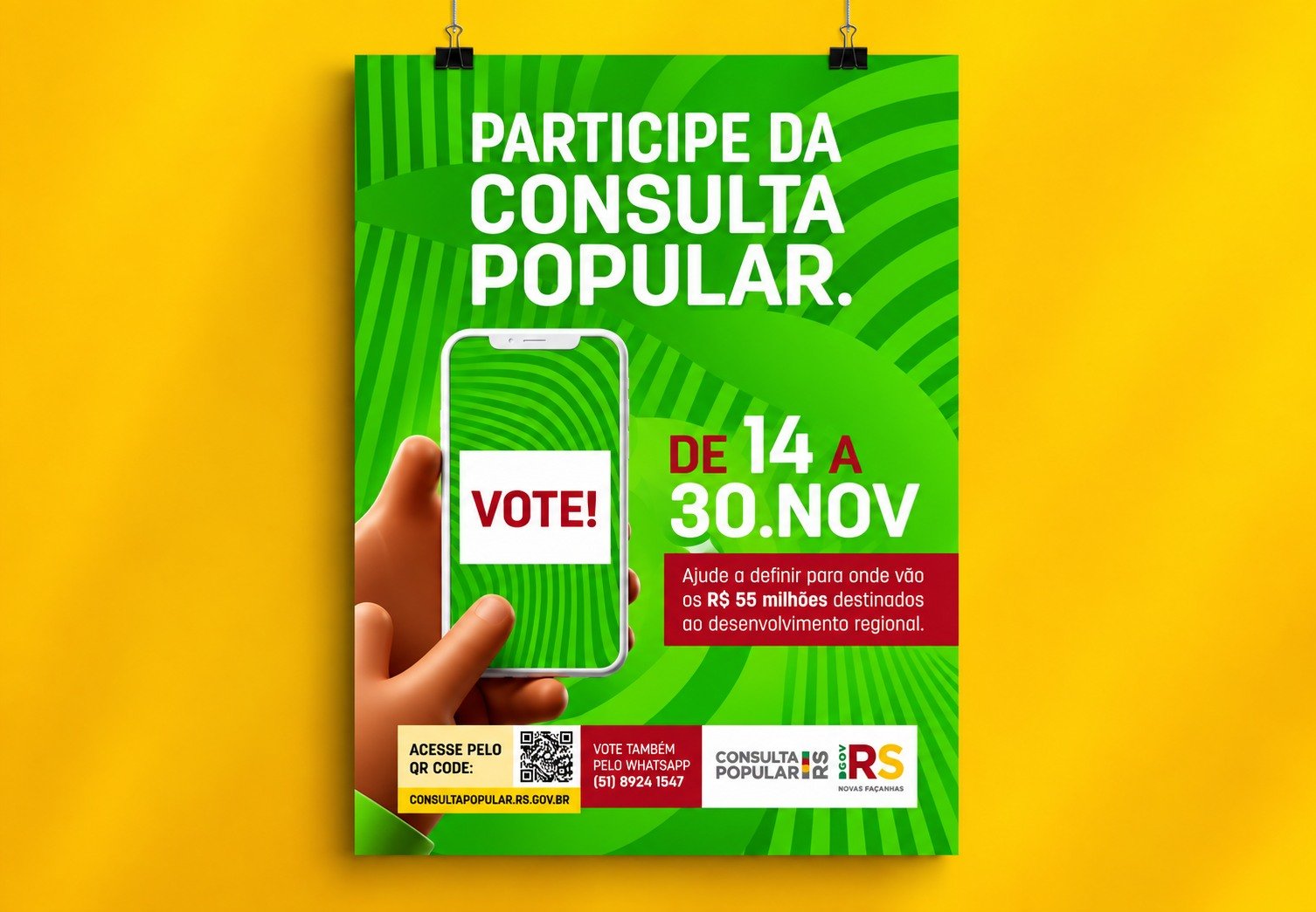 Cartaz da campanha: “Participe da Consulta Popular”, com o período de votação e a informação sobre os R$ 55 milhões destinados ao desenvolvimento regional.