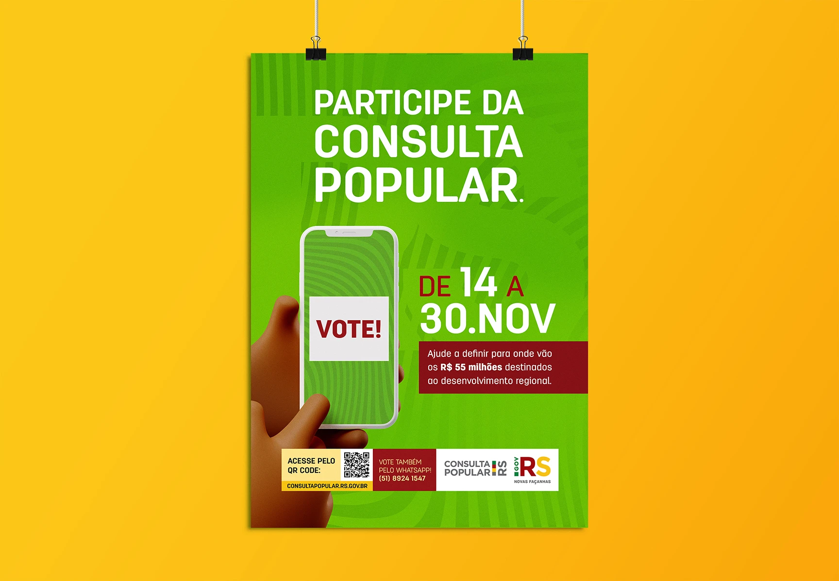 Cartaz da campanha: “Participe da Consulta Popular”, com o período de votação e a informação sobre os R$ 55 milhões destinados ao desenvolvimento regional.