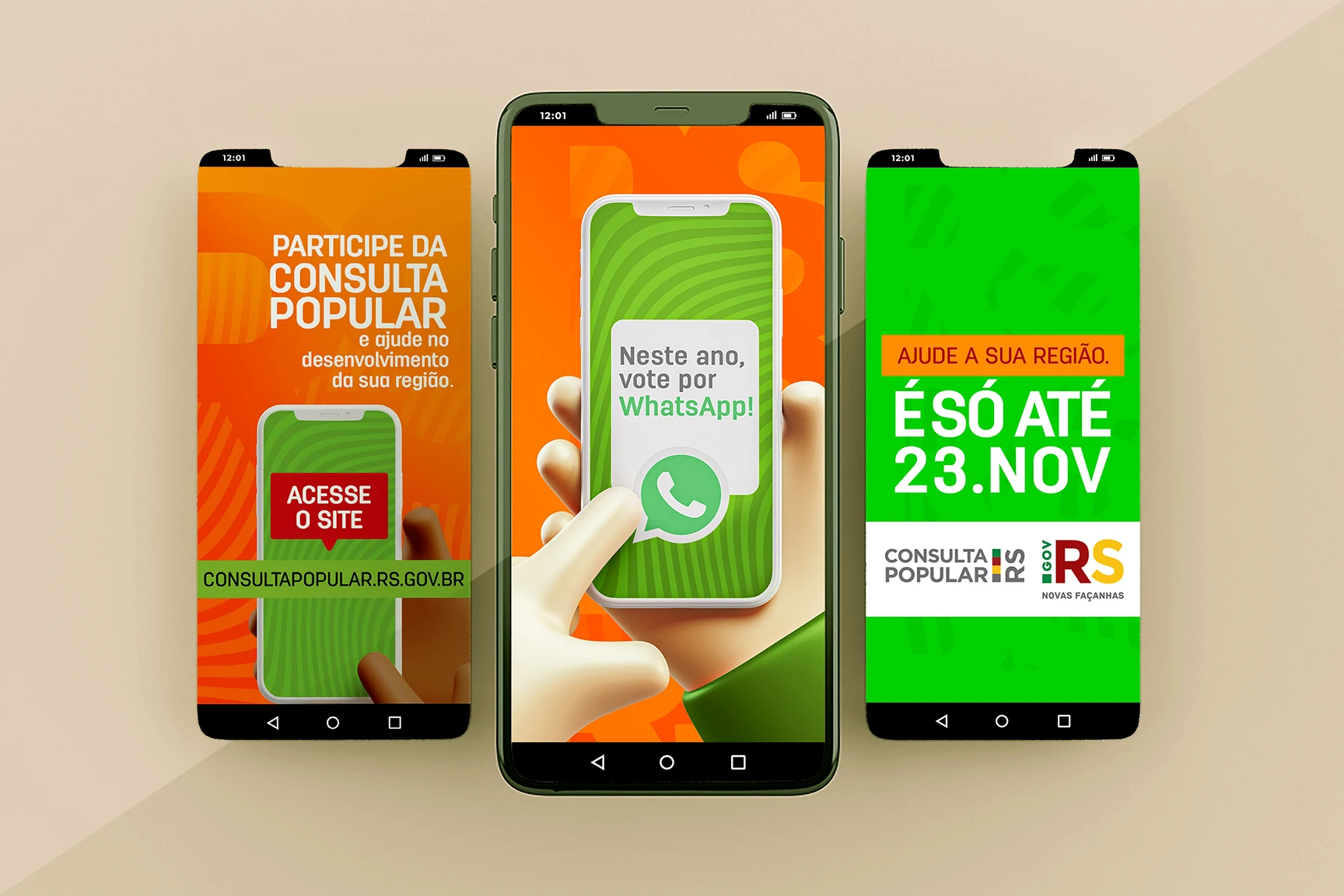 Peças da campanha em celulares: “Participe da Consulta Popular”, “Neste ano, vote por WhatsApp!” e “É só até 23.nov”.