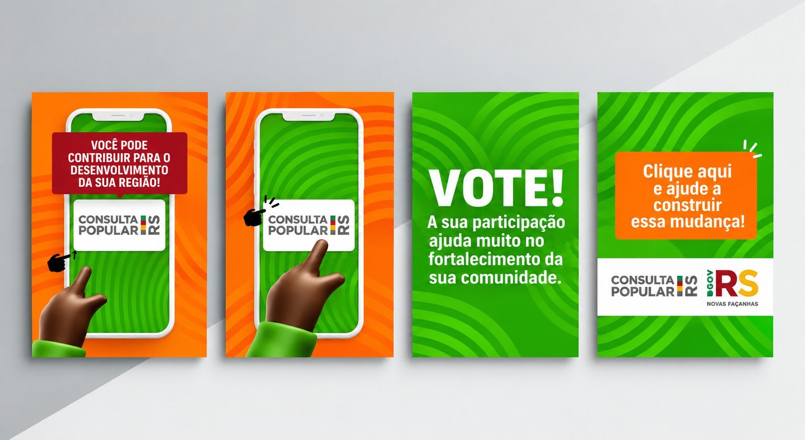 Sequência de stories da campanha com a ilustração 3D da mão tocando o celular e os convites “Vote!” e “Clique aqui e ajude a construir essa mudança!”.
