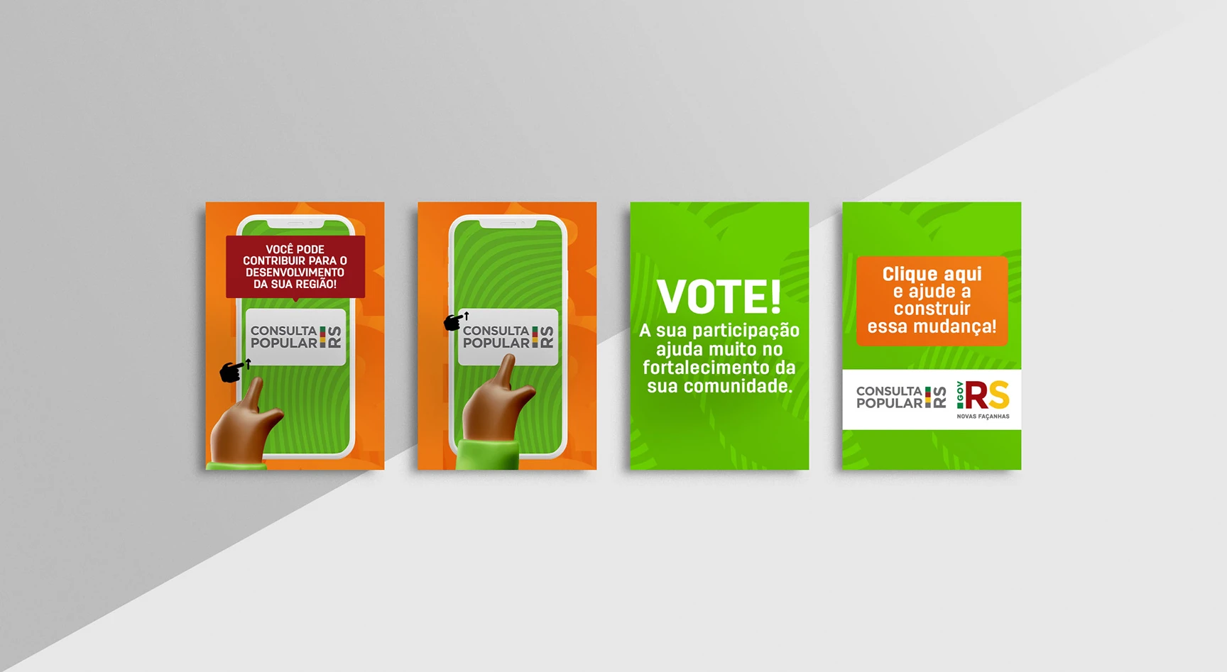 Sequência de stories da campanha com a ilustração 3D da mão tocando o celular e os convites “Vote!” e “Clique aqui e ajude a construir essa mudança!”.