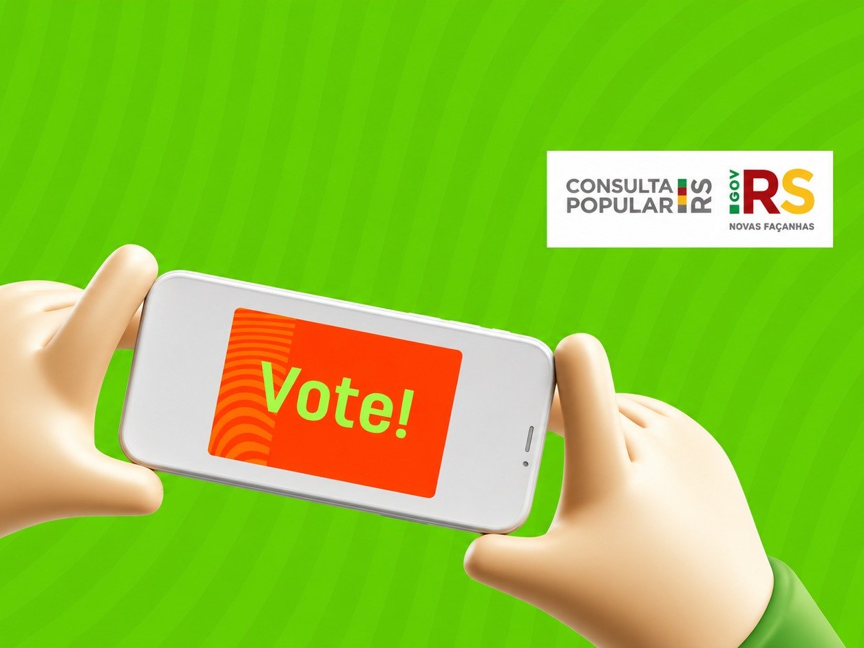 Peça da campanha: mãos em ilustração 3D segurando um celular com a mensagem “Vote!” e as marcas da Consulta Popular e do Governo do Estado.