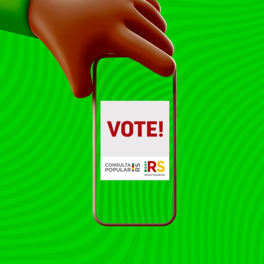 Peça da campanha: ilustração 3D de uma mão segurando um celular com a mensagem “Vote!” e as marcas da Consulta Popular e do Governo do Estado.