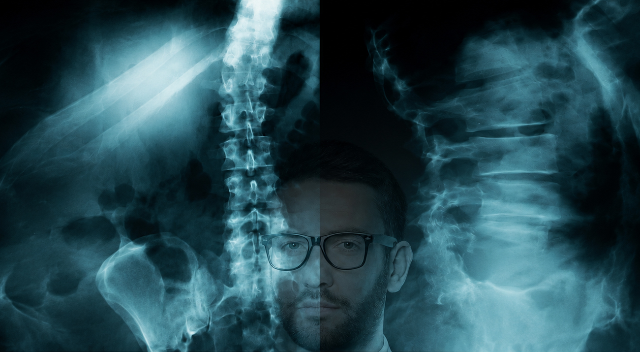 Radiografia da coluna com o rosto de um médico revelado ao centro — abertura do filme institucional da campanha CREMERS.