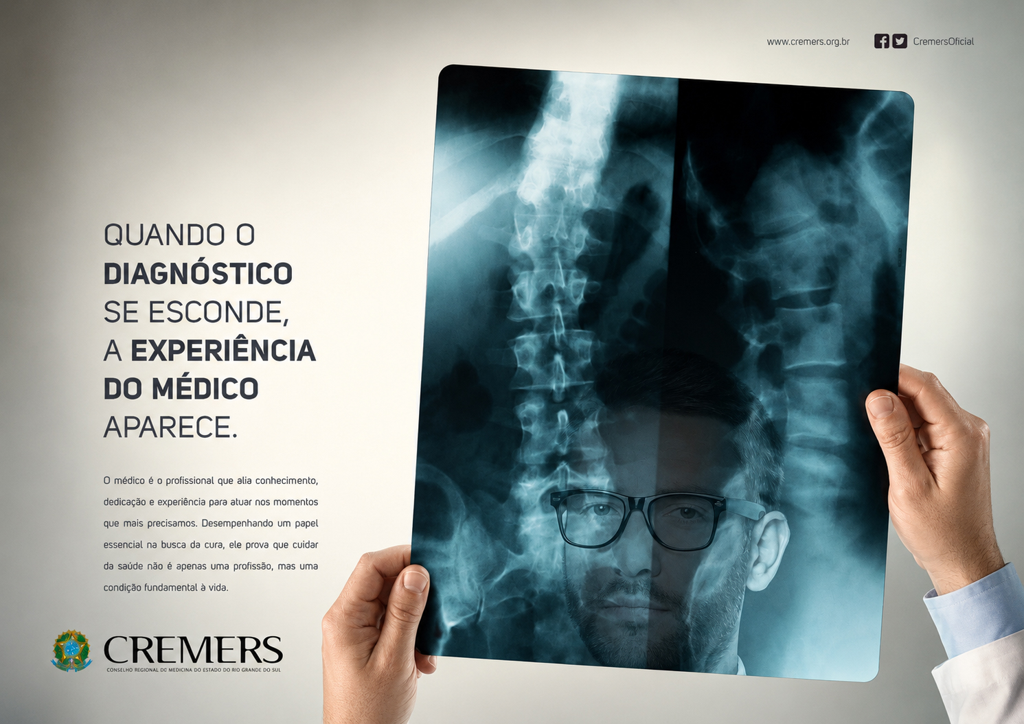 KV CREMERS — Quando o diagnóstico se esconde, a experiência do médico aparece. Rosto de um médico revelado numa radiografia da coluna.