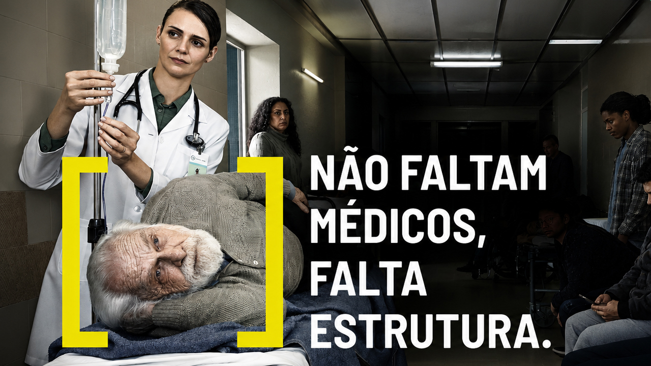 Médica ajustando o soro de um paciente idoso em um corredor de hospital lotado, com a frase “Não faltam médicos, falta estrutura.” — campanha CREMERS.