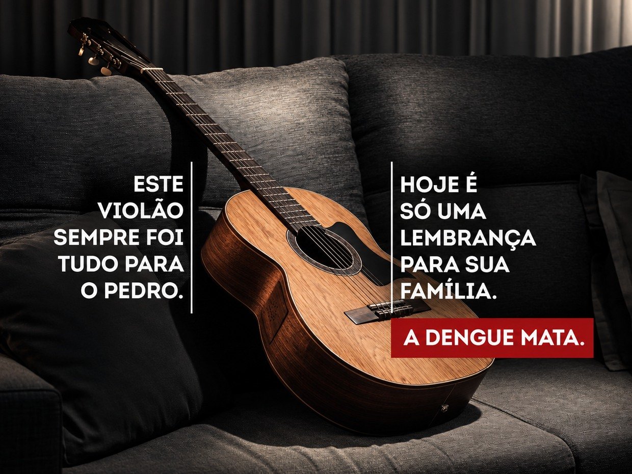 Peça da campanha: um violão esquecido no sofá, com a mensagem “Este violão sempre foi tudo para o Pedro. Hoje é só uma lembrança para sua família. A dengue mata.”