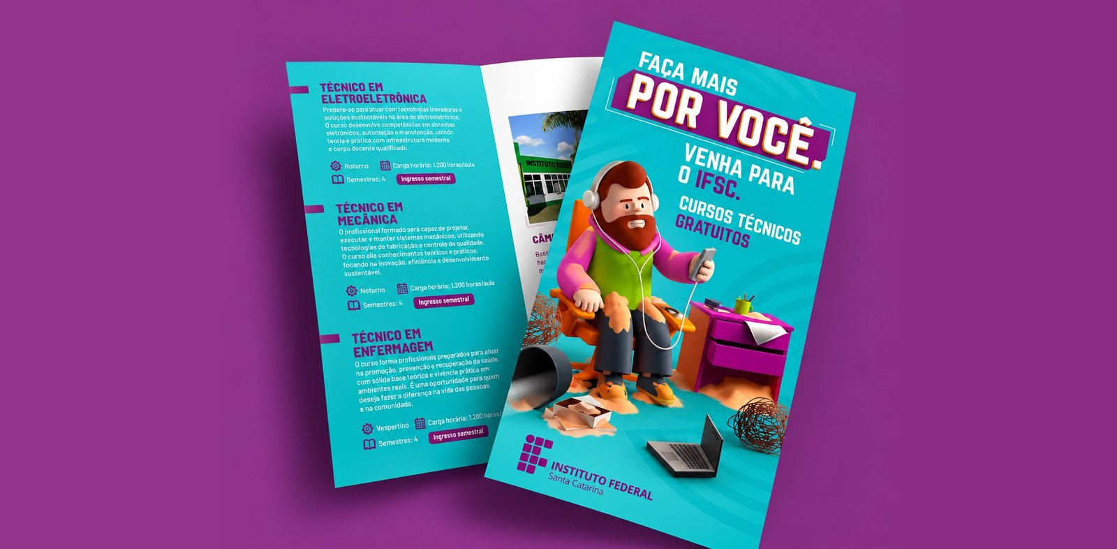 Folder dos cursos técnicos gratuitos do IFSC, com o personagem coberto de poeira na capa.