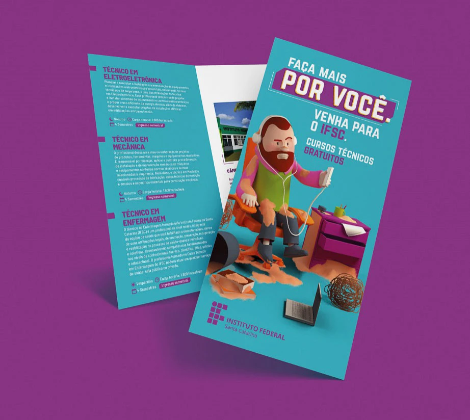 Folder dos cursos técnicos gratuitos do IFSC, com o personagem coberto de poeira na capa.
