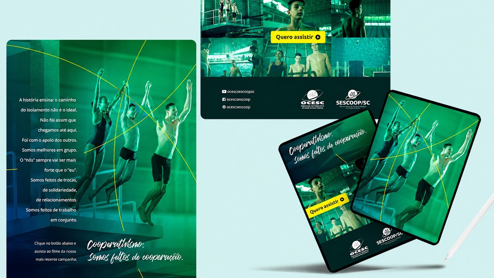Peças digitais e impressas da campanha, com o manifesto “Somos feitos de cooperação” e o convite “Quero assistir”.