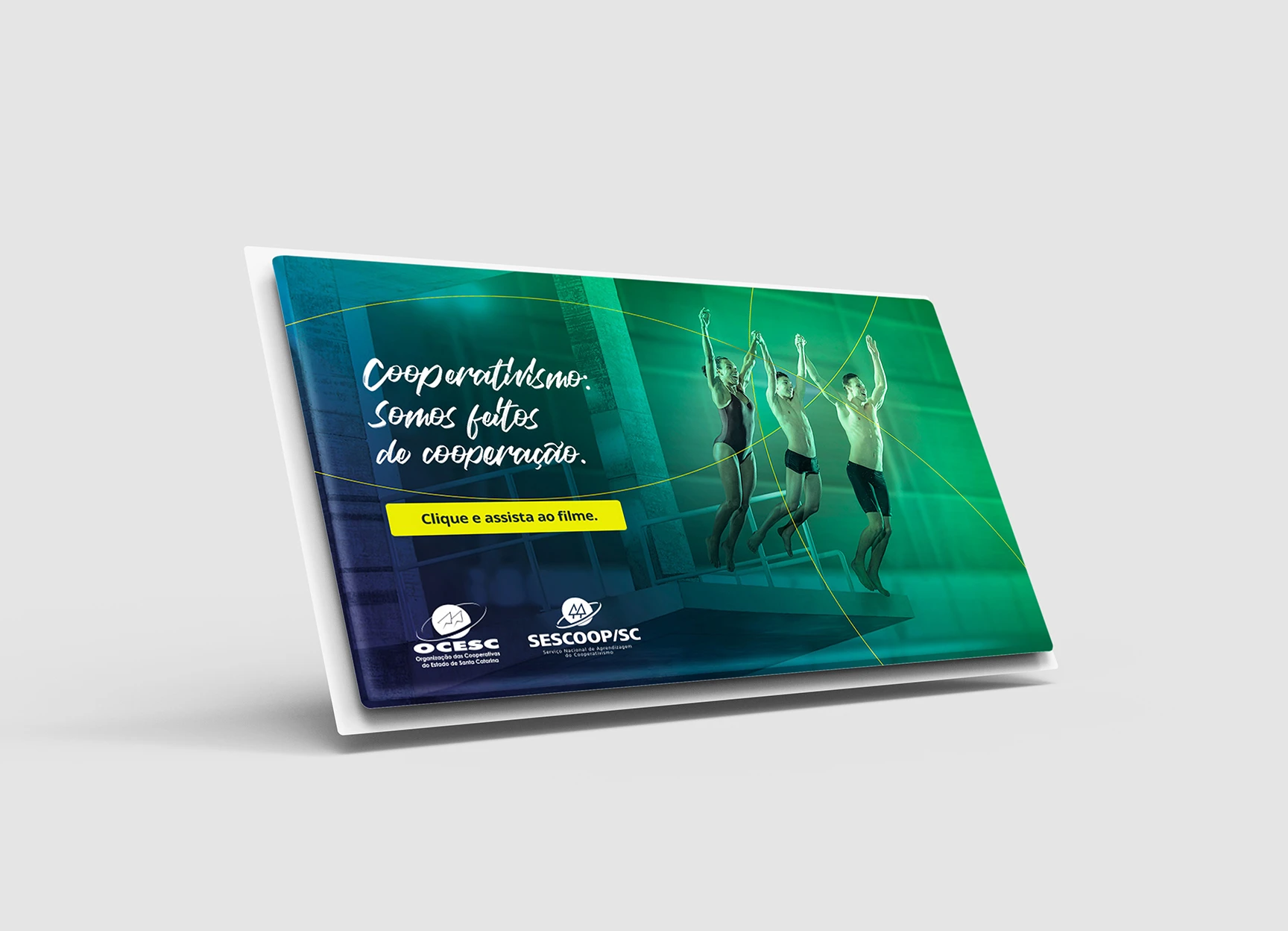 Peças digitais e impressas da campanha, com o manifesto “Somos feitos de cooperação” e o convite “Quero assistir”.