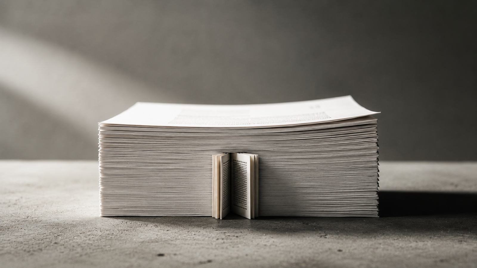 Pilha alta de folhas impressas sobre uma superfície de concreto, com um livro pequeno e aberto sustentando o volume todo