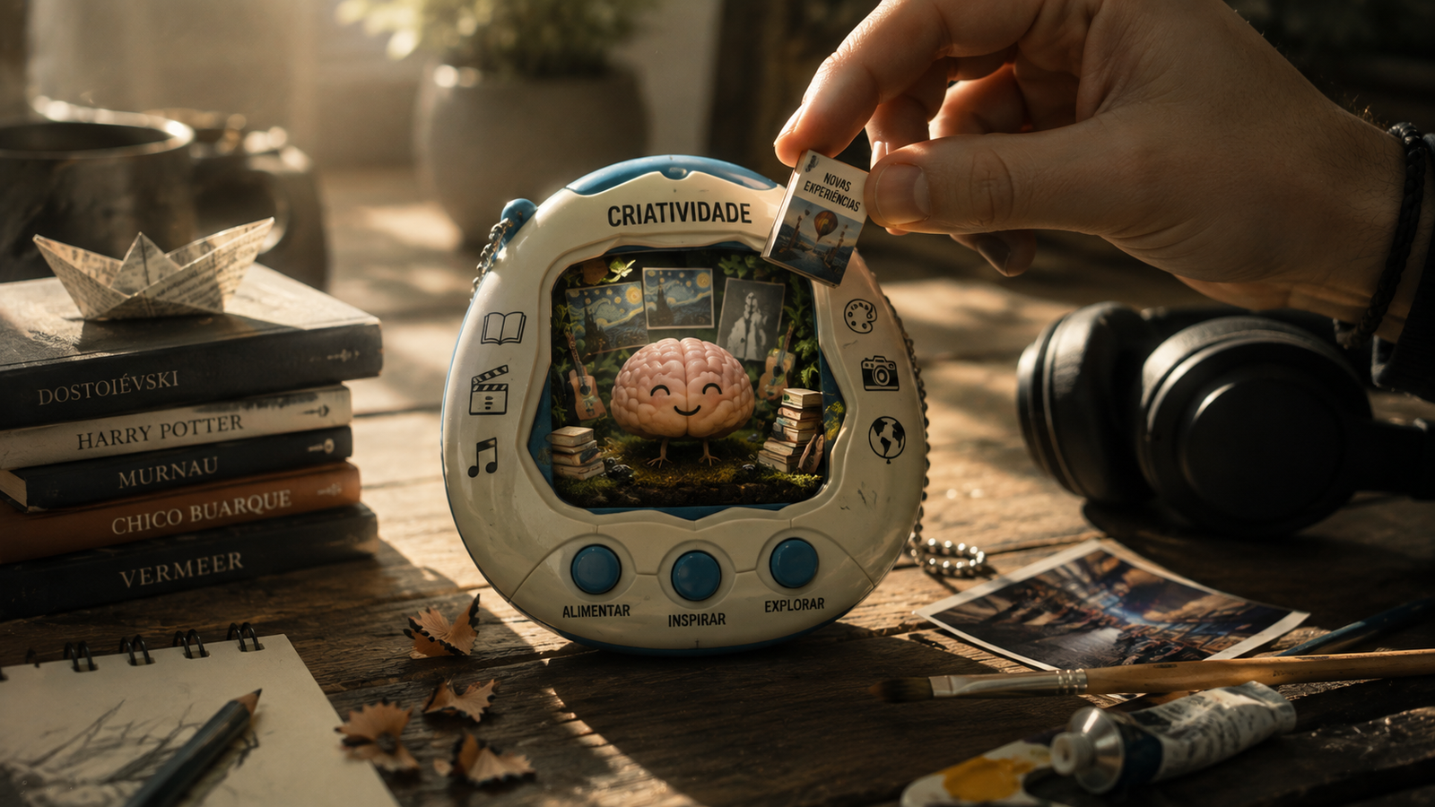 Tamagotchi com a palavra criatividade na carcaça e um cérebro sorridente na tela, sendo alimentado por uma mão com um cartucho de novas experiências, sobre mesa com livros, fones, fotos e pincéis