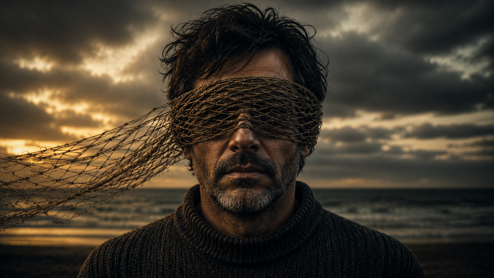 Homem à beira-mar ao entardecer, com uma rede de pesca cobrindo-lhe os olhos