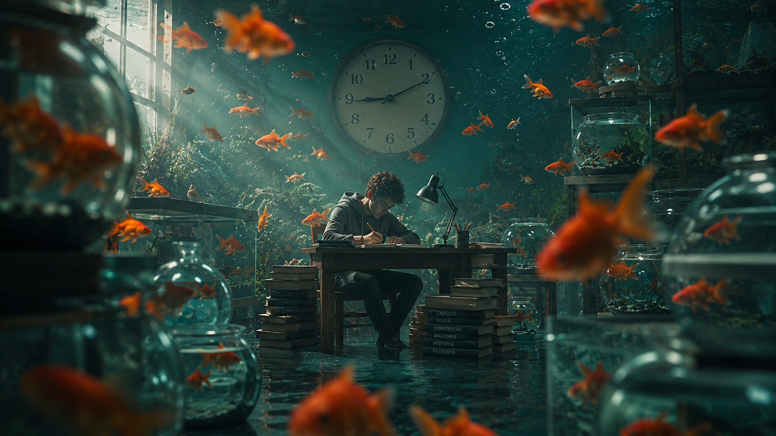 Jovem estudando concentrado a uma escrivaninha em uma sala submersa, cercado por dezenas de peixinhos dourados, aquários e pilhas de livros, sob um grande relógio de parede