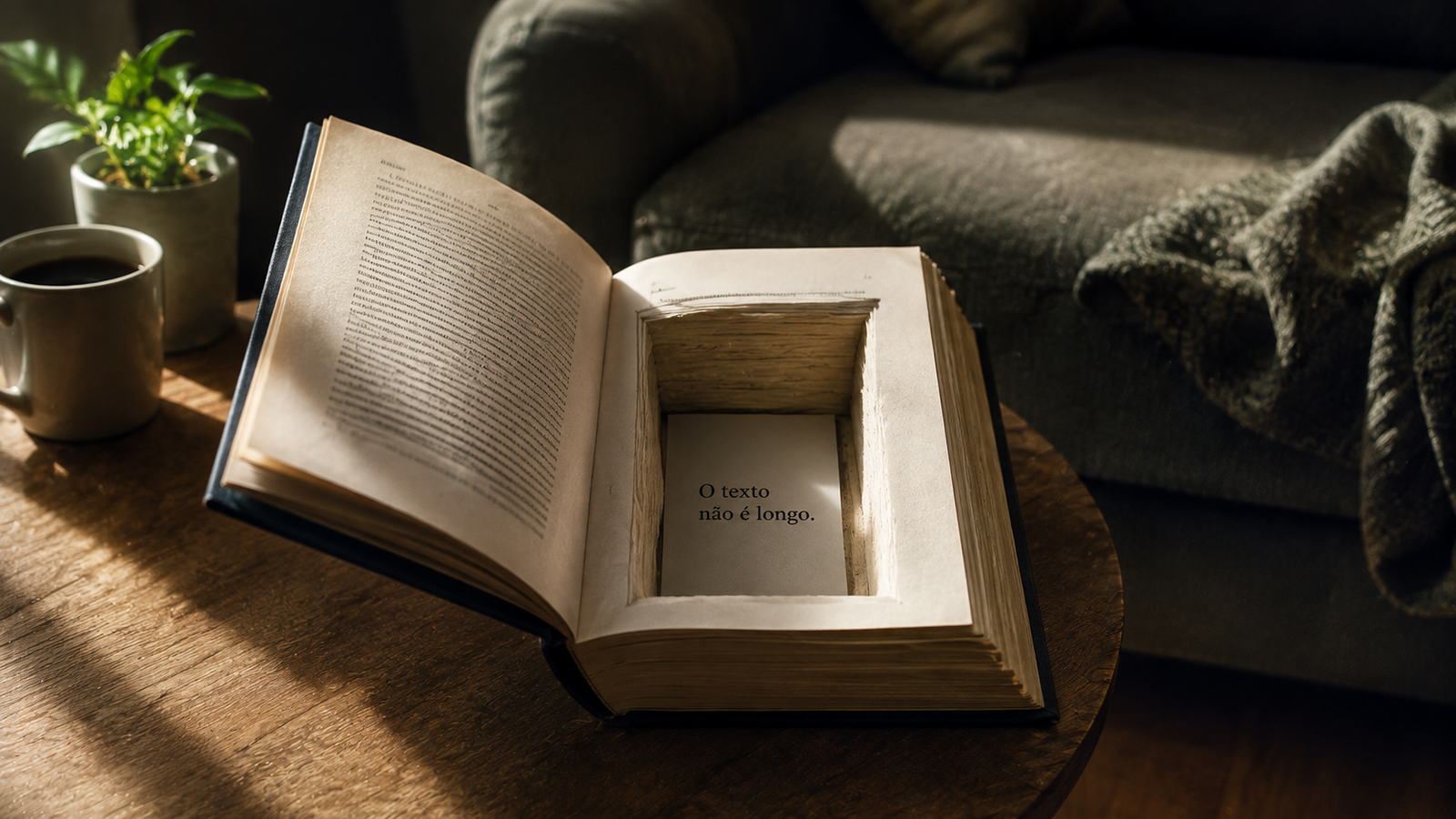 Livro aberto sobre mesa de madeira, com um vão escavado nas páginas revelando a frase “O texto não é longo”, ao lado de uma caneca de café e um vaso de planta