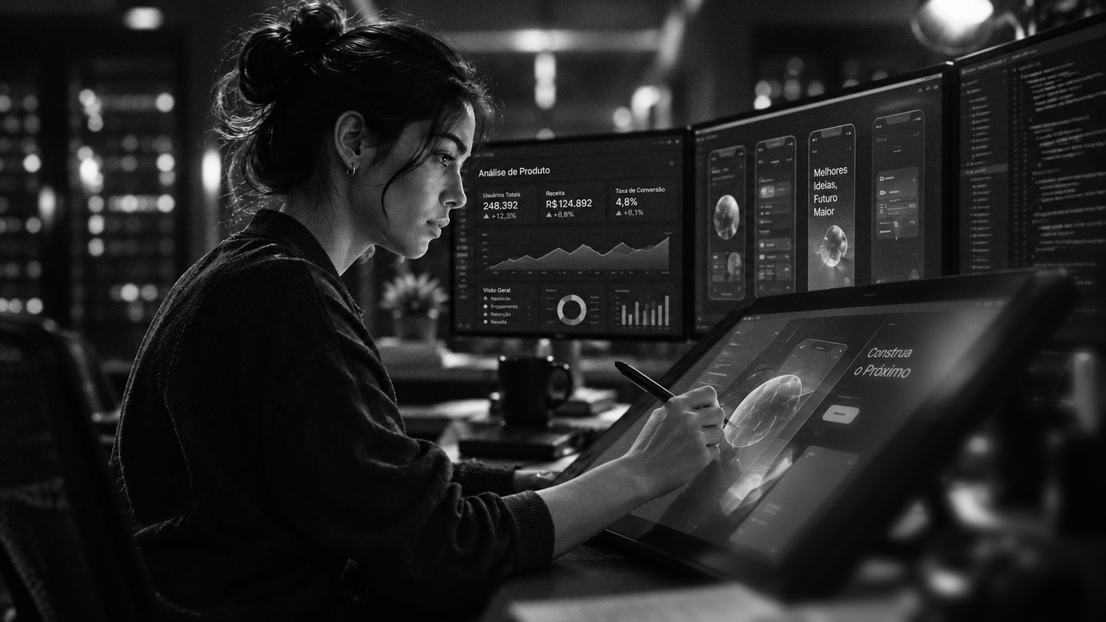 Designer trabalhando em mesa digitalizadora com painéis de dados